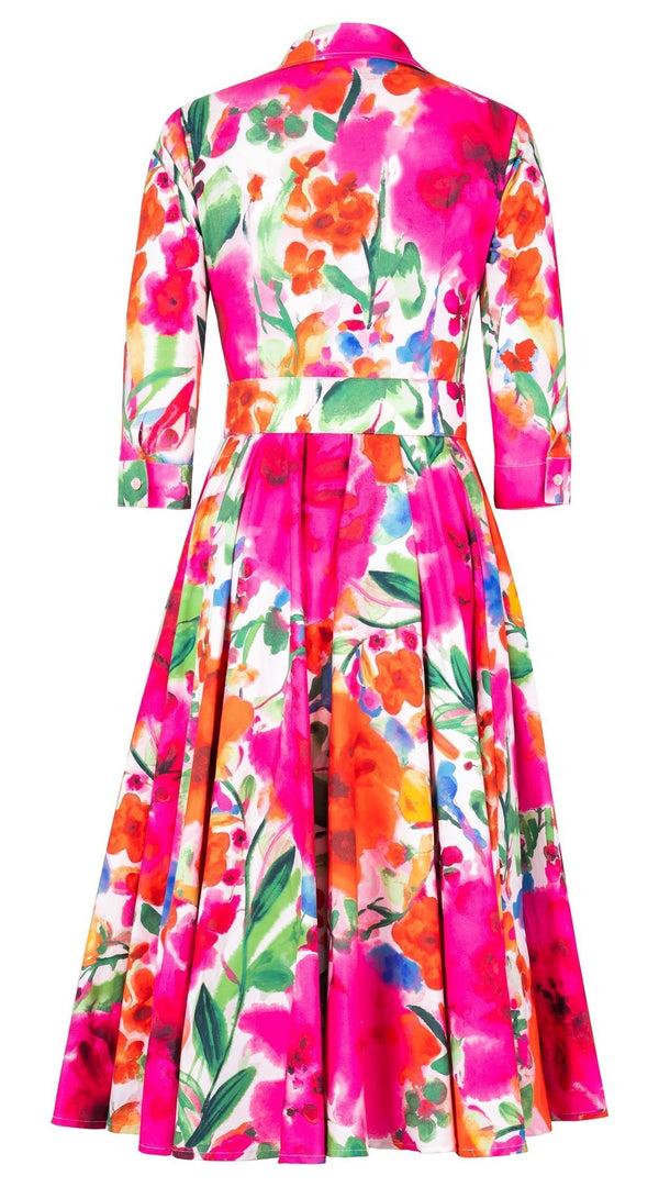 Samantha Sung Gigi Dress Shirt Collar 3/4 Sleeve Midi Length Cotton Stretch (Watercolor Bloom)