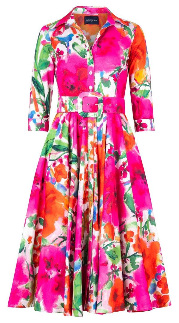 samantha sung Gigi Dress Shirt Collar 3/4 Sleeve Midi Length Cotton Stretch (Watercolor Bloom)