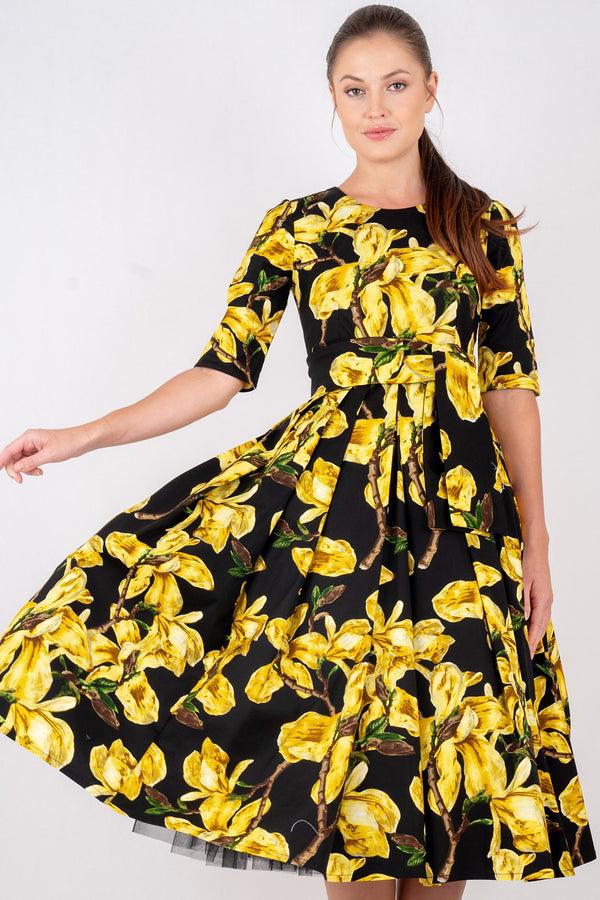 Samantha Sung Lana Dress Crew Neck 1/2 Sleeve With Tulle Midi Cotton Stretch (Magnolia Blossom)