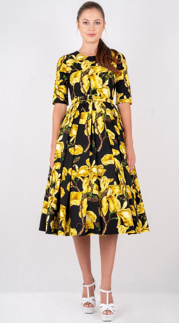 samantha sung Lana Dress Crew Neck 1/2 Sleeve with Tulle Midi Cotton Stretch (Magnolia Blossom)