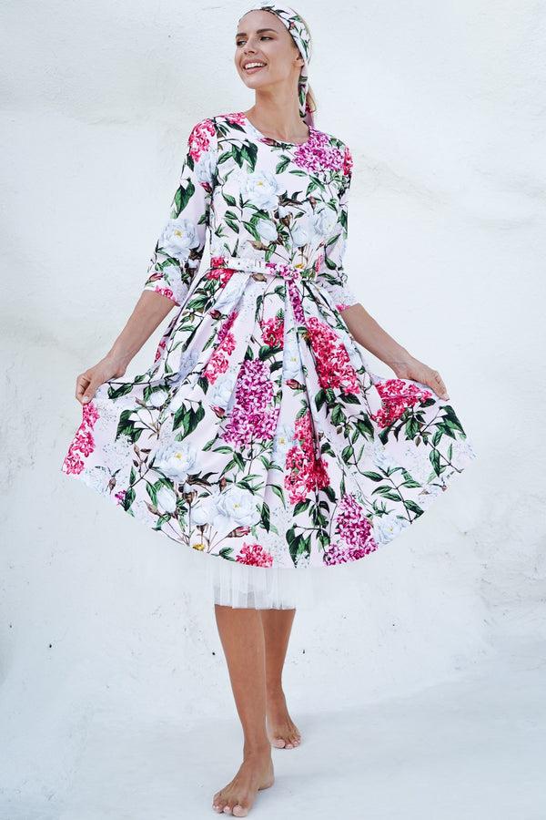 Samantha Sung Lana Dress Crew Neck 3/4 Sleeve With Tulle Cotton Stretch (Lilac Heaven Pastel)