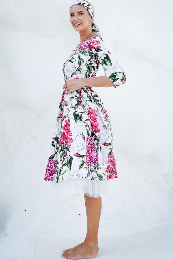 Samantha Sung Lana Dress Crew Neck 3/4 Sleeve With Tulle Cotton Stretch (Lilac Heaven Pastel)