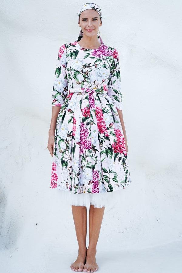 samantha sung Lana Dress Crew Neck 3/4 Sleeve with Tulle Cotton Stretch (Lilac Heaven Pastel)