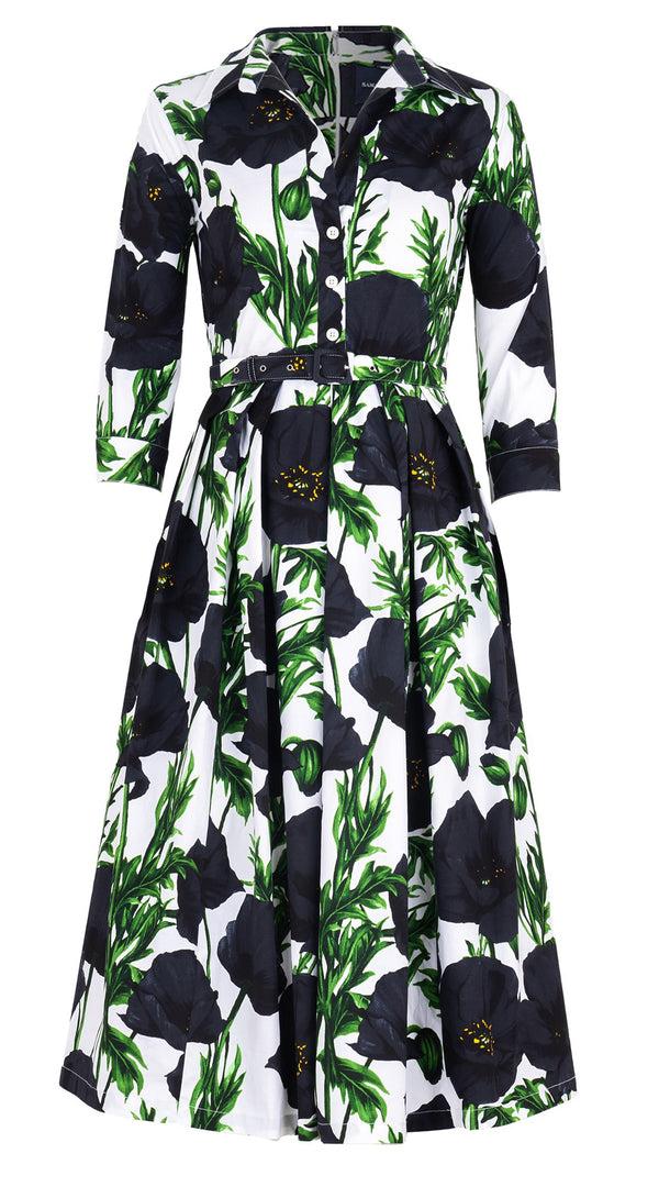 Samantha Sung Lana Dress Shirt Collar 3/4 Sleeve Midi Cotton Stretch (Poppy Poland Big)