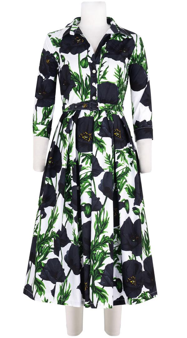 samantha sung Lana Dress Shirt Collar 3/4 Sleeve Midi Cotton Stretch (Poppy Poland Big)