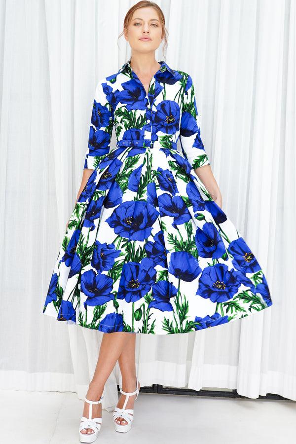 samantha sung Lana Dress Shirt Collar 3/4 Sleeve Midi Cotton Stretch (Poppy Poland Big)