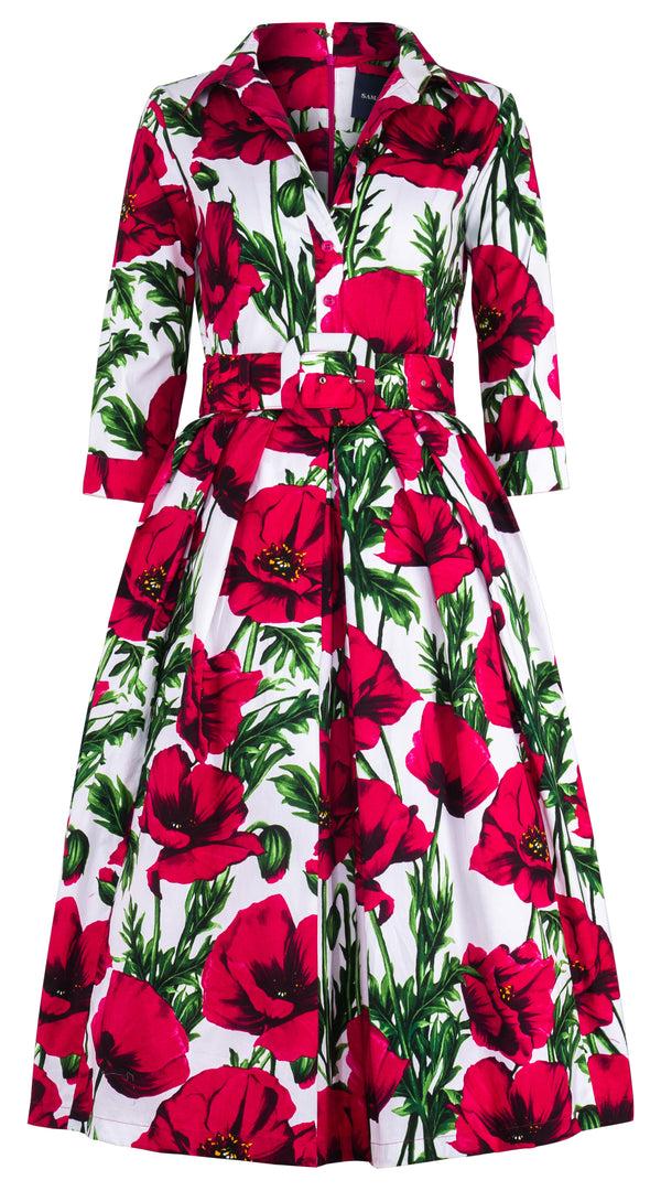 Samantha Sung Lana Dress Shirt Collar 3/4 Sleeve Midi Length Cotton Stretch (Poppy Polland) 2