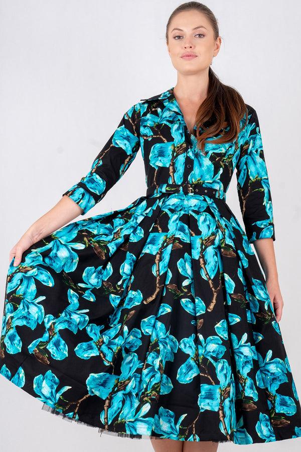 Samantha Sung Lana Dress Shirt Collar 3/4 Sleeve With Tulle Midi Cotton Stretch (Magnolia Blossom)