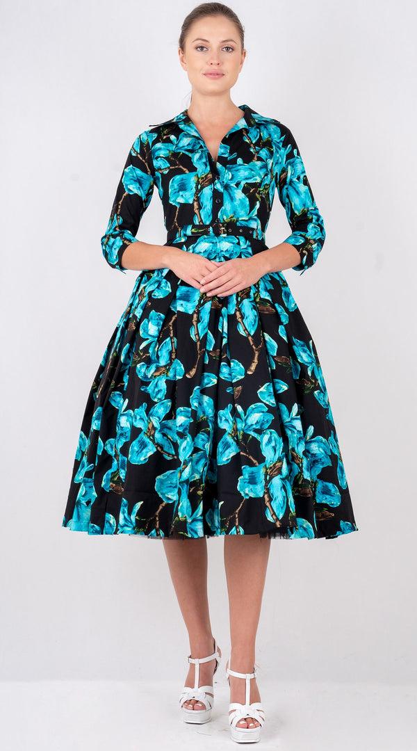 samantha sung Lana Dress Shirt Collar 3/4 Sleeve with Tulle Midi Cotton Stretch (Magnolia Blossom)