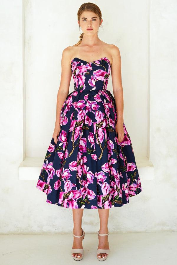 samantha sung Lana Dress Sweetheart Strapless with Tulle Midi Cotton Stretch (Magnolia Blossom)