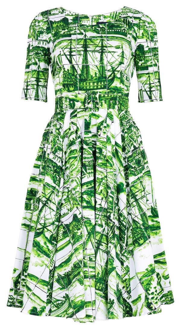 Samantha Sung Laurent Dress Boat Neck 1/2 Sleeve Long Length Cotton Stretch (Azulejo All Over)