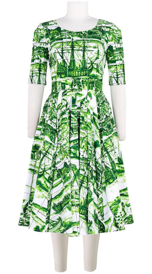 samantha sung Laurent Dress Boat Neck 1/2 Sleeve Long Length Cotton Stretch (Azulejo All Over)