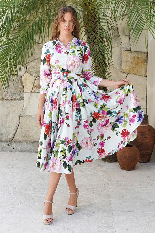 samantha sung Laurent Dress Shirt Collar 3/4 Sleeve Long Length Cotton Stretch (Fiori Florance)