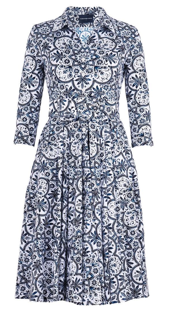 Samantha Sung Laurent Dress Shirt Collar 3/4 Sleeve Long Length Cotton Stretch (Marakechi Tile)