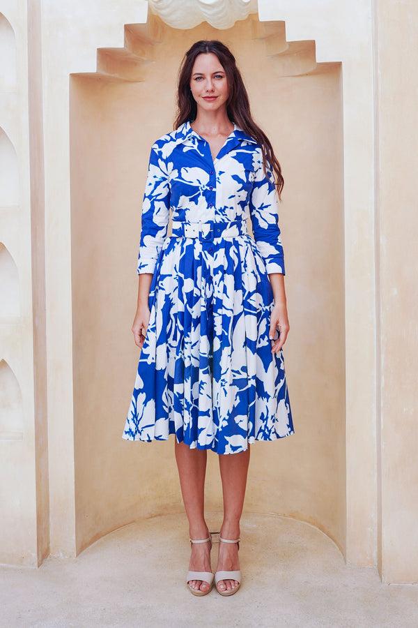 samantha sung Laurent Dress Shirt Collar 3/4 Sleeve Long Length Cotton Stretch (Hemingway Flower Ground)