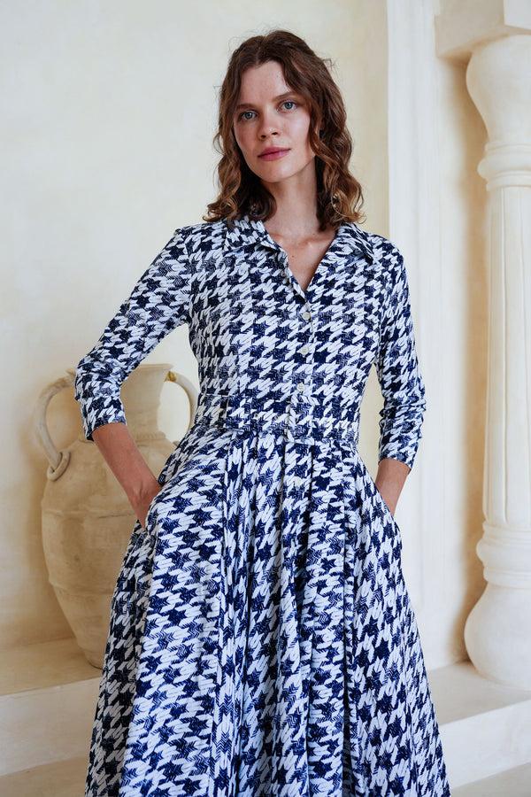 Samantha Sung Laurent Dress Shirt Collar 3/4 Sleeve Long Length Cotton Stretch (Houndstooth Toile White)