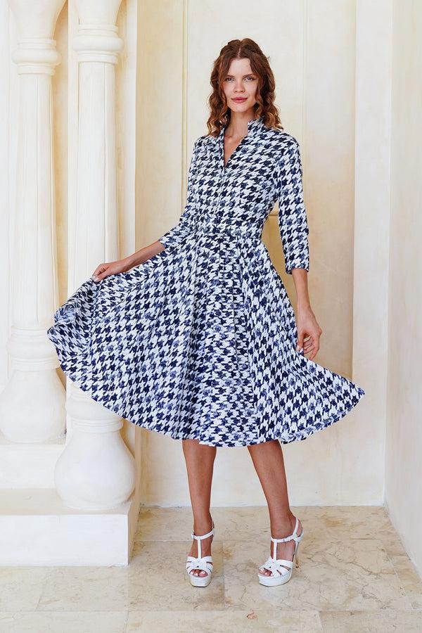 Samantha Sung Laurent Dress Shirt Collar 3/4 Sleeve Long Length Cotton Stretch (Houndstooth Toile White)