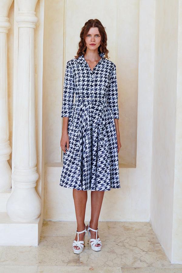 samantha sung Laurent Dress Shirt Collar 3/4 Sleeve Long Length Cotton Stretch (Houndstooth Toile White)