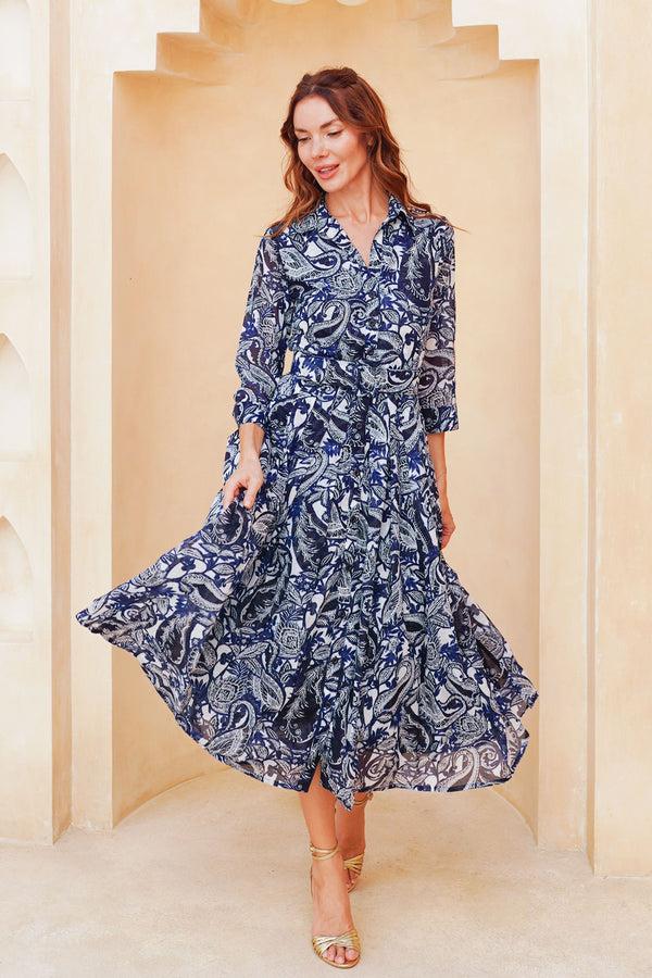 Samantha Sung Laurent Dress Shirt Collar 3/4 Sleeve Long Length Cotton Stretch (Cachemire Paisley White)