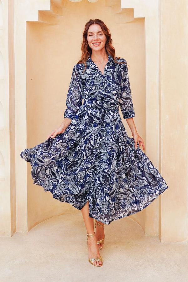 samantha sung Laurent Dress Shirt Collar 3/4 Sleeve Long Length Cotton Stretch (Cachemire Paisley White)