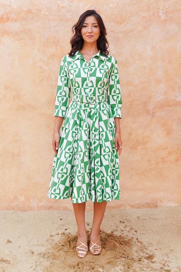 samantha sung Laurent Dress Shirt Collar 3/4 Sleeve Long Length Cotton Stretch (Geometric Chain)