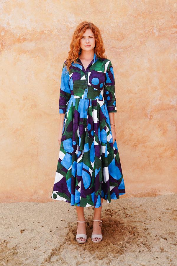 samantha sung Laurent Dress Shirt Collar 3/4 Sleeve Midi Length Cotton Stretch (Morello Graphic Bright)