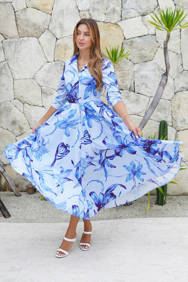 Samantha Sung Laurent Dress Shirt Collar 3/4 Sleeve Midi Length Cotton Stretch (Portofino Lillies Big)