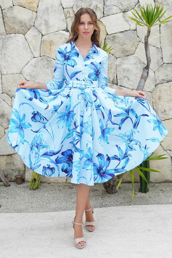 samantha sung Laurent Dress Shirt Collar 3/4 Sleeve Midi Length Cotton Stretch (Portofino Lillies Big)