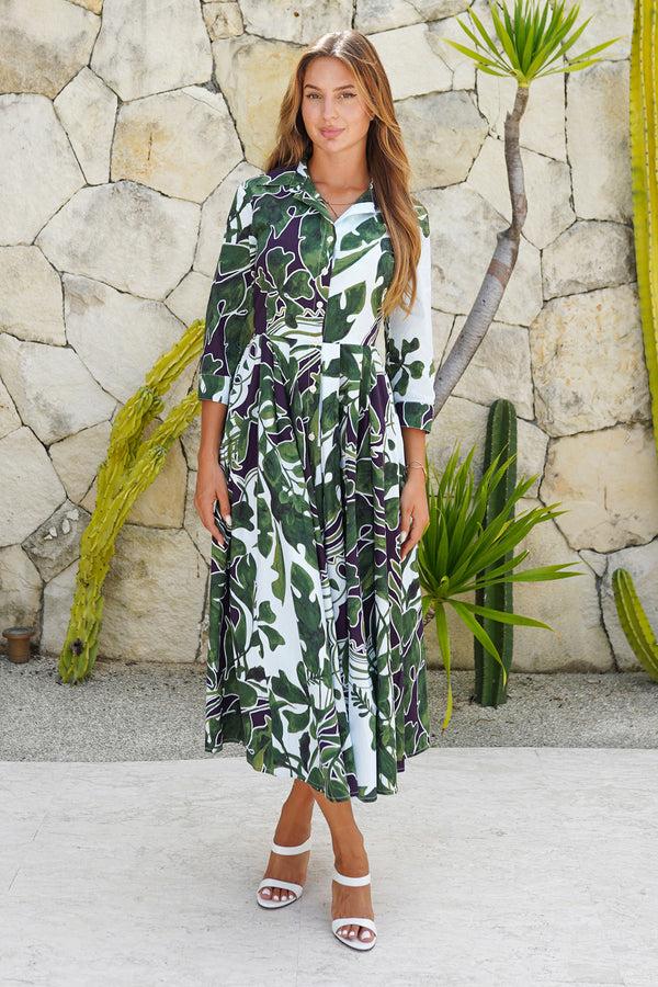 Samantha Sung Laurent Dress Shirt Collar 3/4 Sleeve Midi Length Cotton Stretch (Como Lake Garden Pastel)