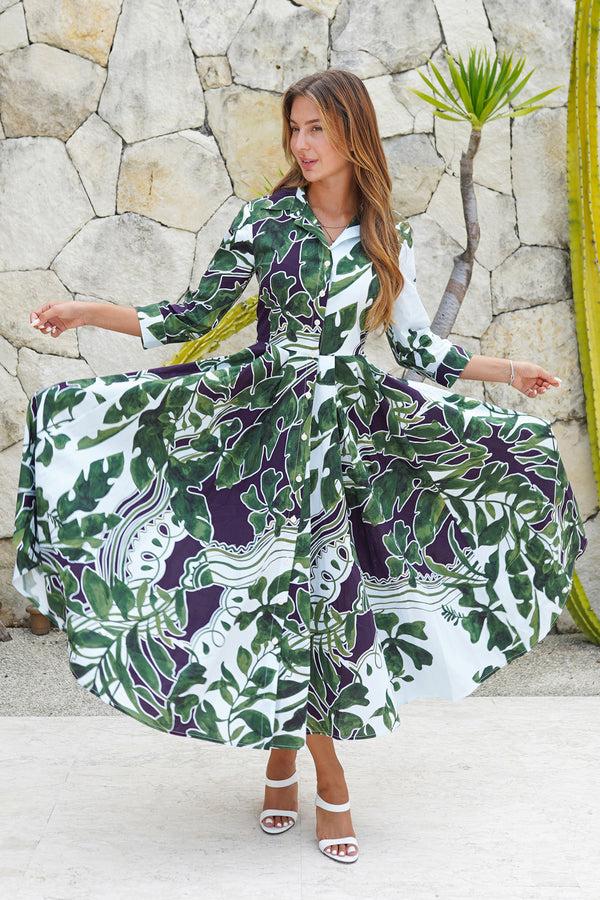 samantha sung Laurent Dress Shirt Collar 3/4 Sleeve Midi Length Cotton Stretch (Como Lake Garden Pastel)