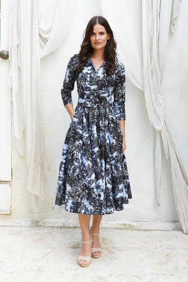 samantha sung Laurent Dress Shirt Collar 3/4 Sleeve Midi Length Cotton Stretch (Antilles Toile Pastel)