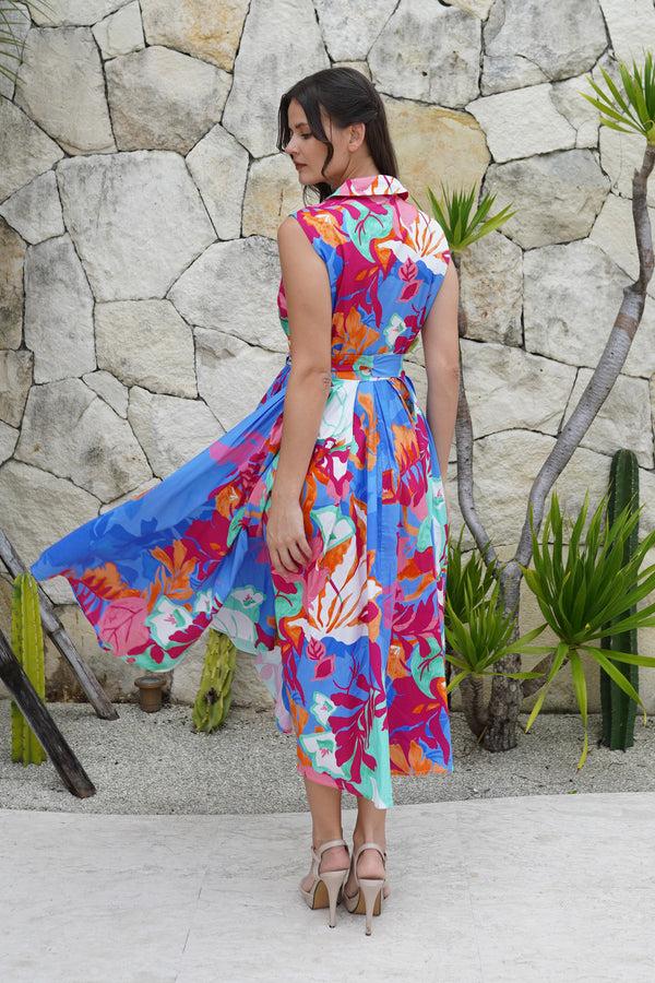 Samantha Sung Laurent Dress Shirt Collar Sleeveless Midi Length Cotton Stretch (Spanish Garden)