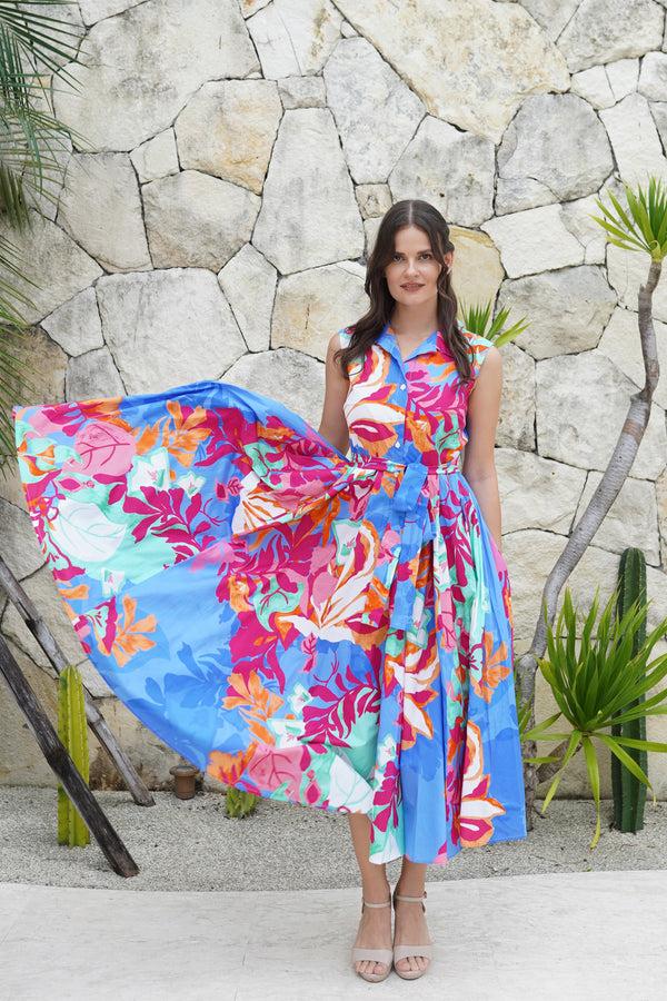 Samantha Sung Laurent Dress Shirt Collar Sleeveless Midi Length Cotton Stretch (Spanish Garden)