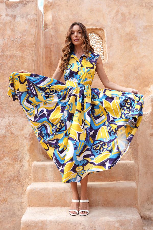 Samantha Sung Laurent Dress Shirt Collar Sleeveless Midi Length Cotton Stretch (Barcelona Mode)