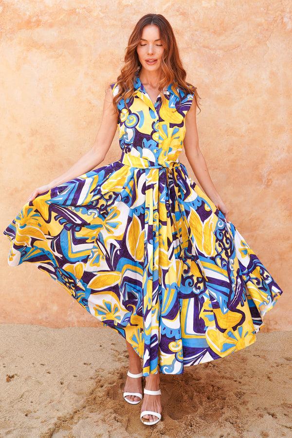 Samantha Sung Laurent Dress Shirt Collar Sleeveless Midi Length Cotton Stretch (Barcelona Mode)