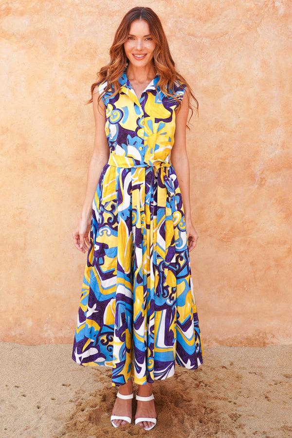 samantha sung Laurent Dress Shirt Collar Sleeveless Midi Length Cotton Stretch (Barcelona Mode)