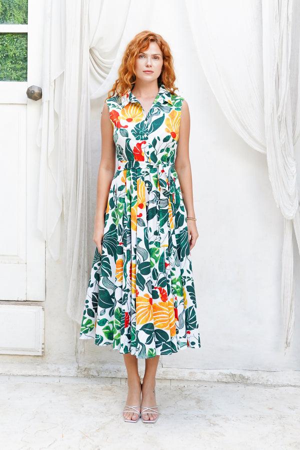 samantha sung Laurent Dress Shirt Collar Sleeveless Midi Length Cotton Stretch (Pacific Monster Leaves White)