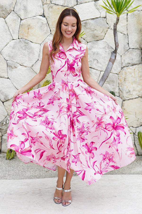 samantha sung Laurent Dress Shirt Collar Sleeveless Midi Length Cotton Stretch (Portofino Lillies Small)