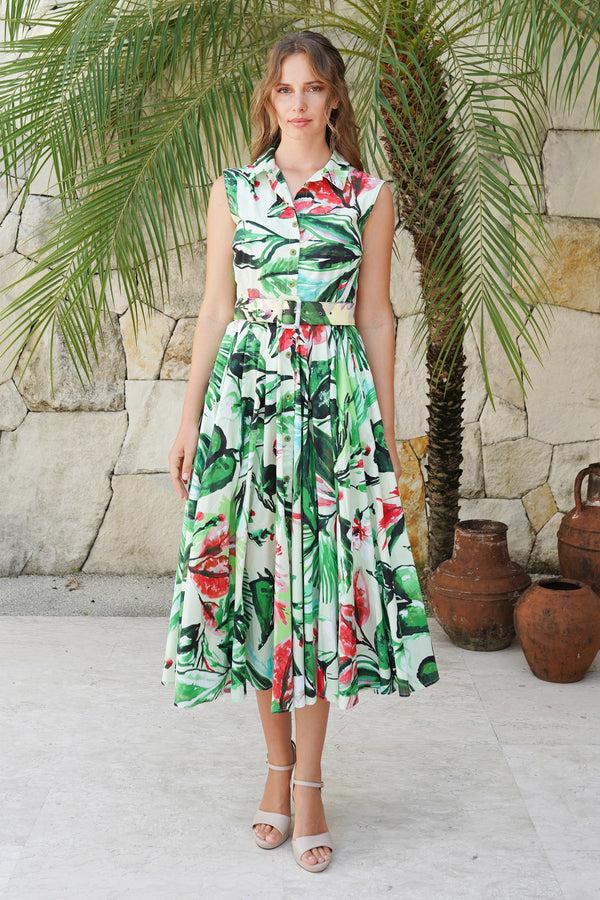 samantha sung Laurent Dress Shirt Collar Sleeveless Midi Length Cotton Stretch (Mozambique Flower Pastel)