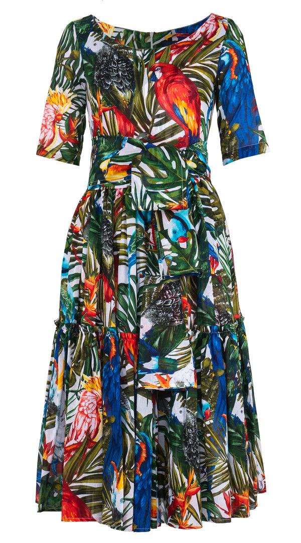 Samantha Sung Melanie Dress Boat Neck 1/2 Sleeve Midi Length Musola (Tropical Parrot) 1