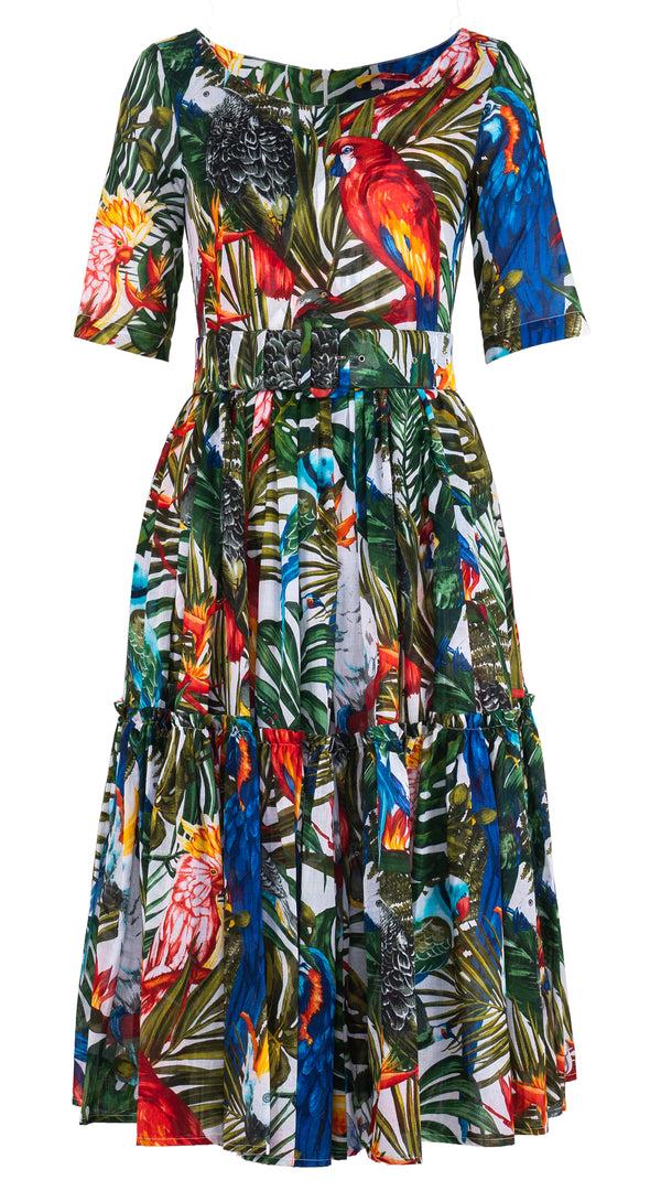 samantha sung Melanie Dress Boat Neck 1/2 Sleeve Midi Length Musola (Tropical Parrot) 1