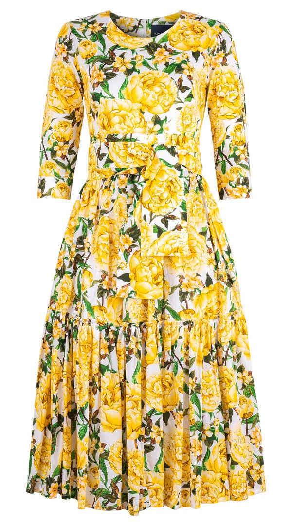 Samantha Sung Melanie Dress Crew Neck 3/4 Sleeve Midi Length Cotton Lawn (Pink Peony)