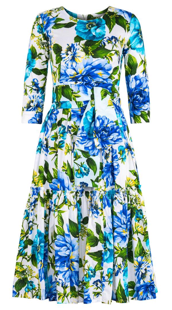 Samantha Sung Melanie Dress Crew Neck 3/4 Sleeve Midi Length Cotton Lawn (Los Cabos Flower) 10