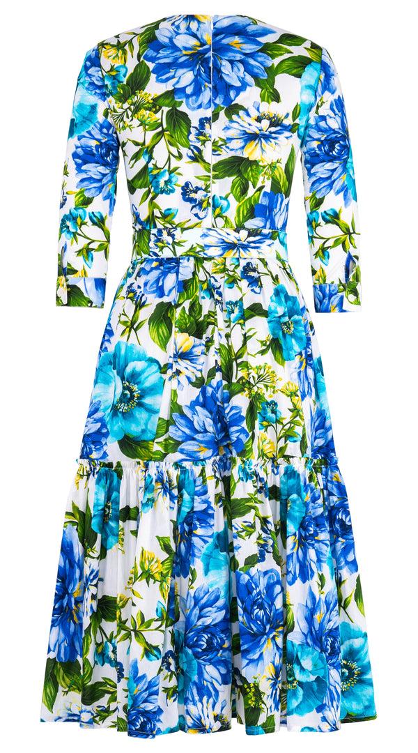 Samantha Sung Melanie Dress Crew Neck 3/4 Sleeve Midi Length Cotton Lawn (Los Cabos Flower) 10