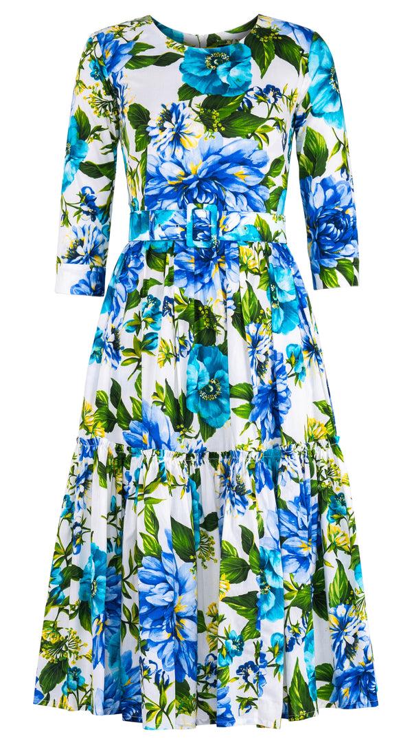samantha sung Melanie Dress Crew Neck 3/4 Sleeve Midi Length Cotton Lawn (Los Cabos Flower) 10