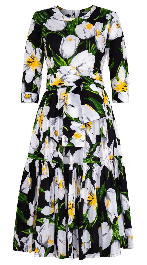 Samantha Sung Melanie Dress Crew Neck 3/4 Sleeve Midi Length Cotton Lawn (Emperor Tulip Bright)