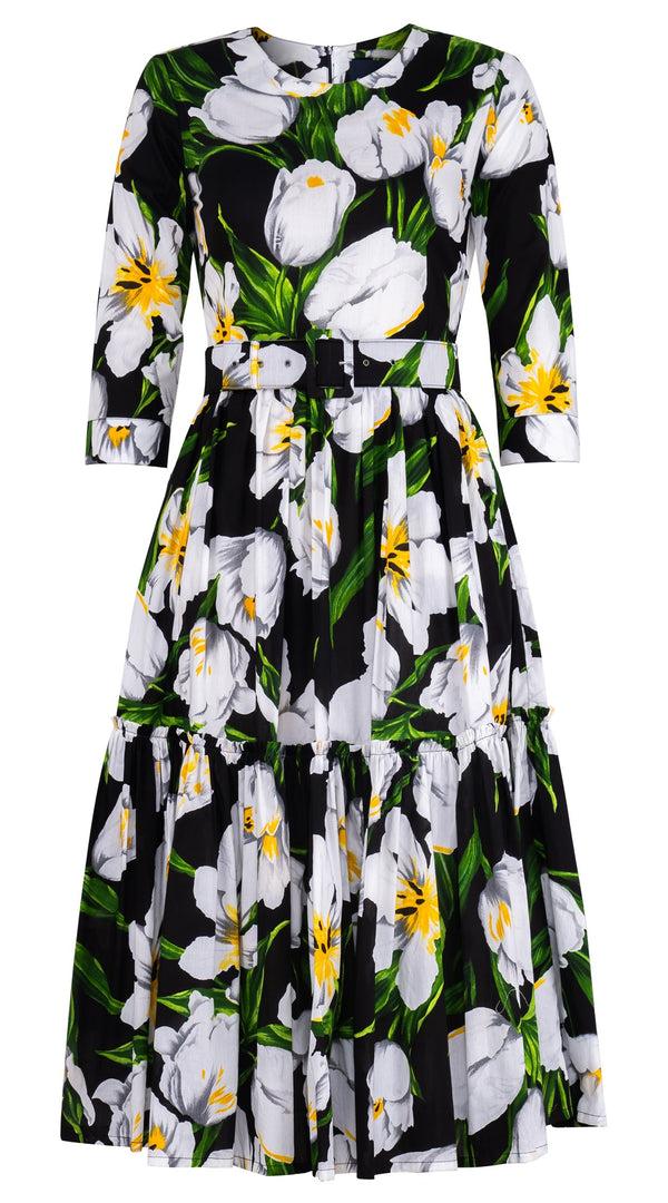samantha sung Melanie Dress Crew Neck 3/4 Sleeve Midi Length Cotton Lawn (Emperor Tulip Bright)