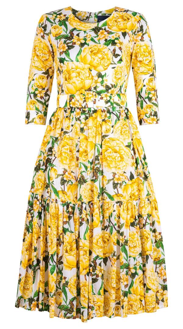 samantha sung Melanie Dress Crew Neck 3/4 Sleeve Midi Length Cotton Lawn (Pink Peony)