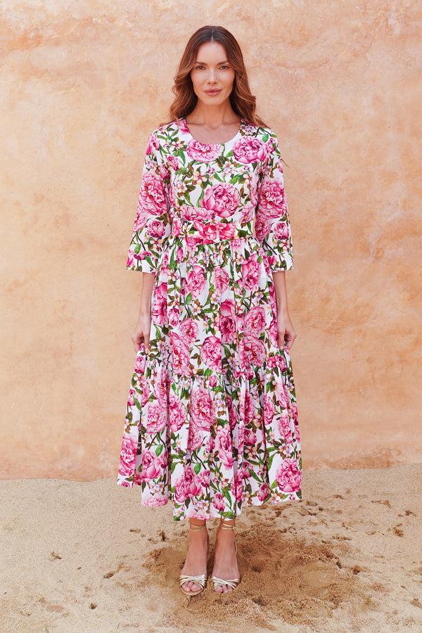 Samantha Sung Melanie Dress Crew Neck 3/4 Sleeve Midi Plus Length Cotton Lawn (Pink Peony)