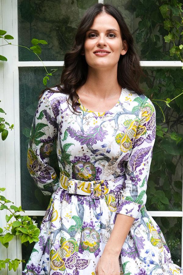 Samantha Sung Melanie Dress Crew Neck 3/4 Sleeve Midi Plus Length Cotton Stretch (Darts Hill Garden)